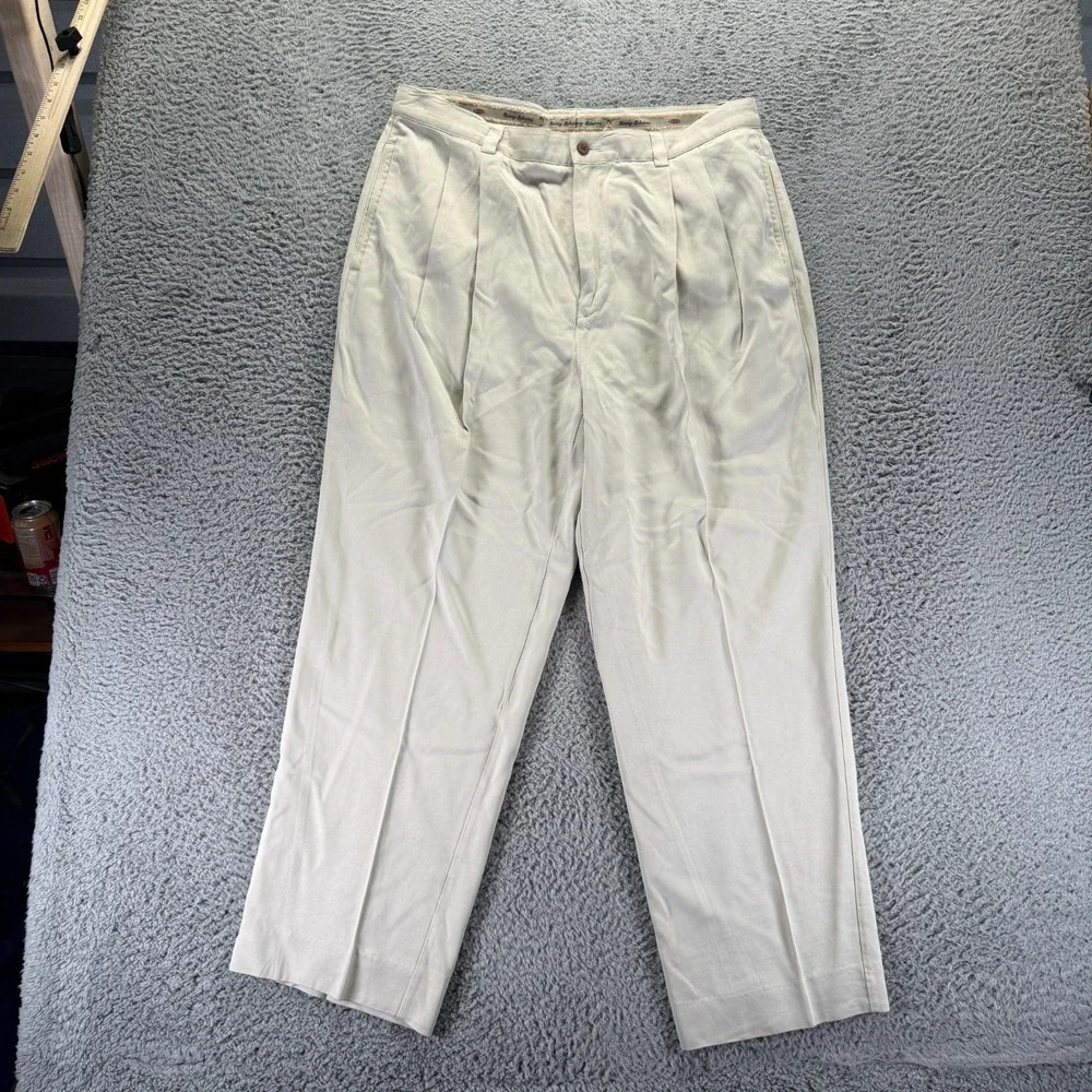 Tommy Bahama Pant Mens 38x30 Beige Silk Khakis Straight Pleated Beach Resortwear